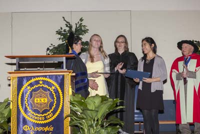 Dr. Falcone Miller presents Service Awards to Grace Young & Anna Miller with Elizabeth Wood & Dr. David Gold